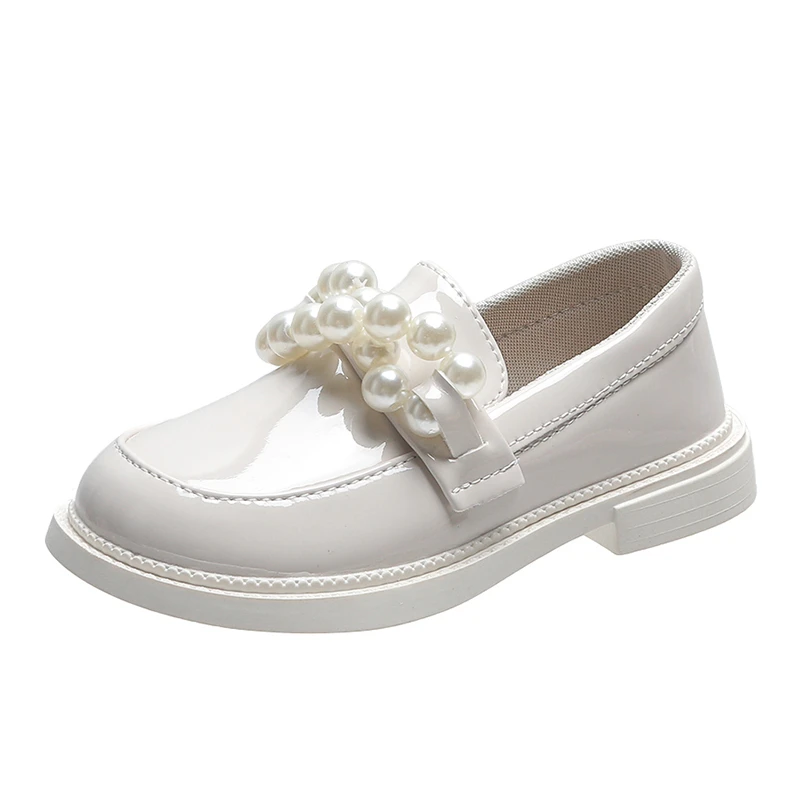 

Girls Wedding Shoes White Black with Pearls Beading Children Leather Flats Patent Leather Soft British Style Fashion Autumn New
