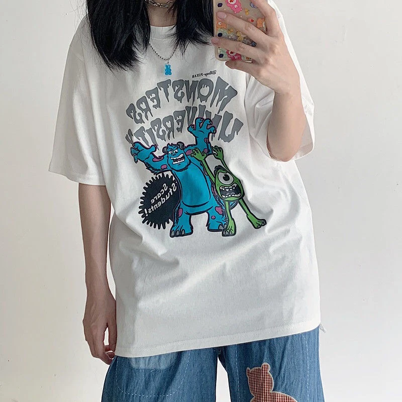

Disney Cartoon Tshirt Japanese Summer Green Casual Tees Hip-hop Letter Monster Print Casual Vintage Top Harajuku Couples T-shirt