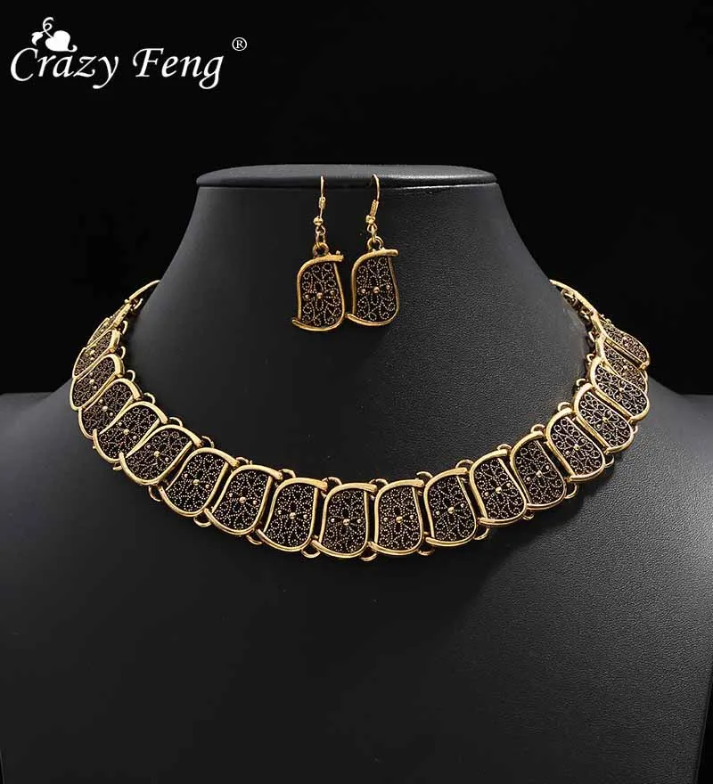 Crazy Feng, винтажное античное золото, колье, ожерелье, Комплект сережек для женщин, большие массивные Ювелирные наборы, аксессуары, подарки