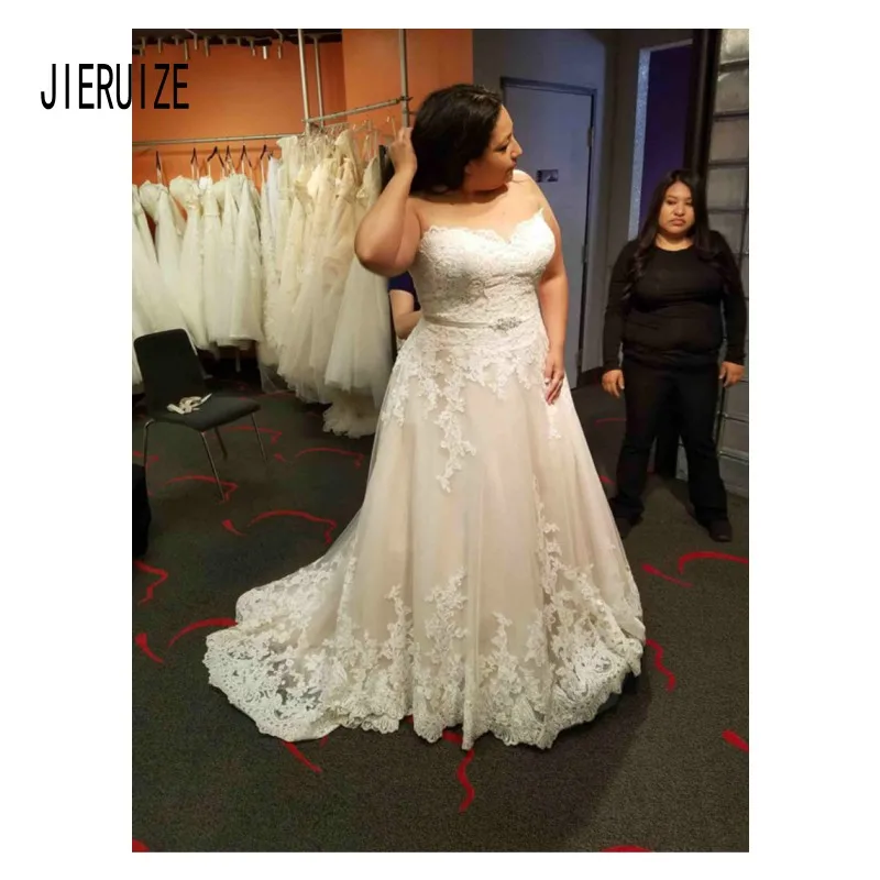 

JIERUIZE Plus Size Wedding Dresses Sweetheart Neck Backless Lace Appliques Crystal Sash Bride Bridal Gowns vestido de noiva