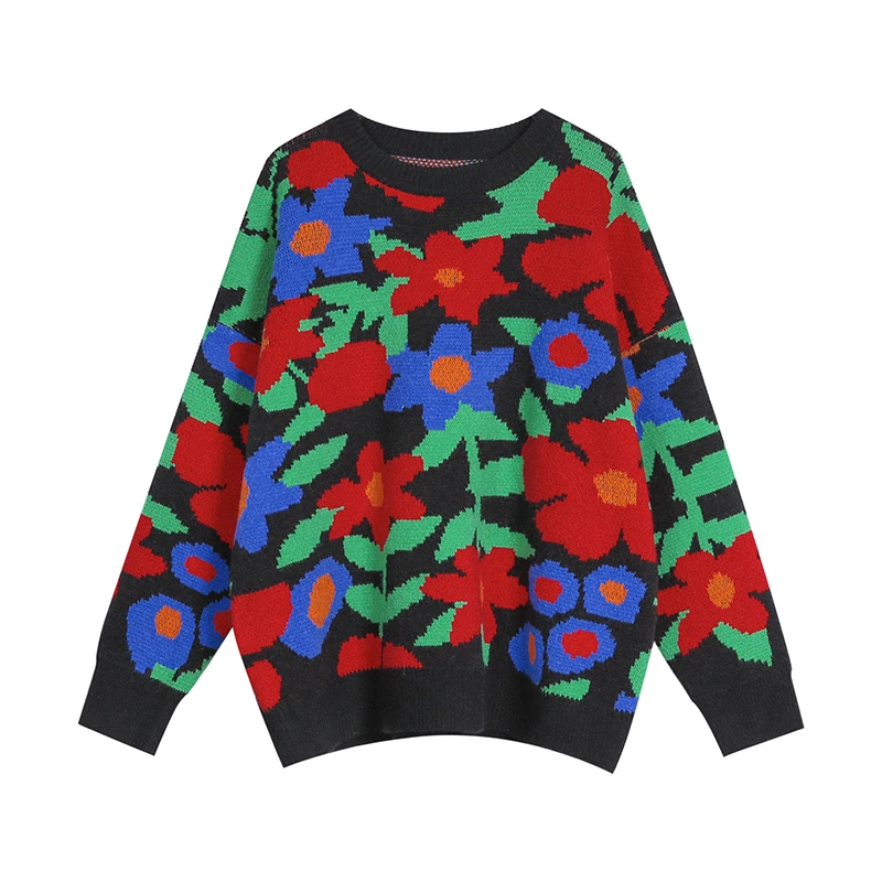 

Fashion Vintage Flowers Knitted Sweater Women 2021 Autumn Winter Thick Knitwear Casual Loose Pullover Jersey Mujer