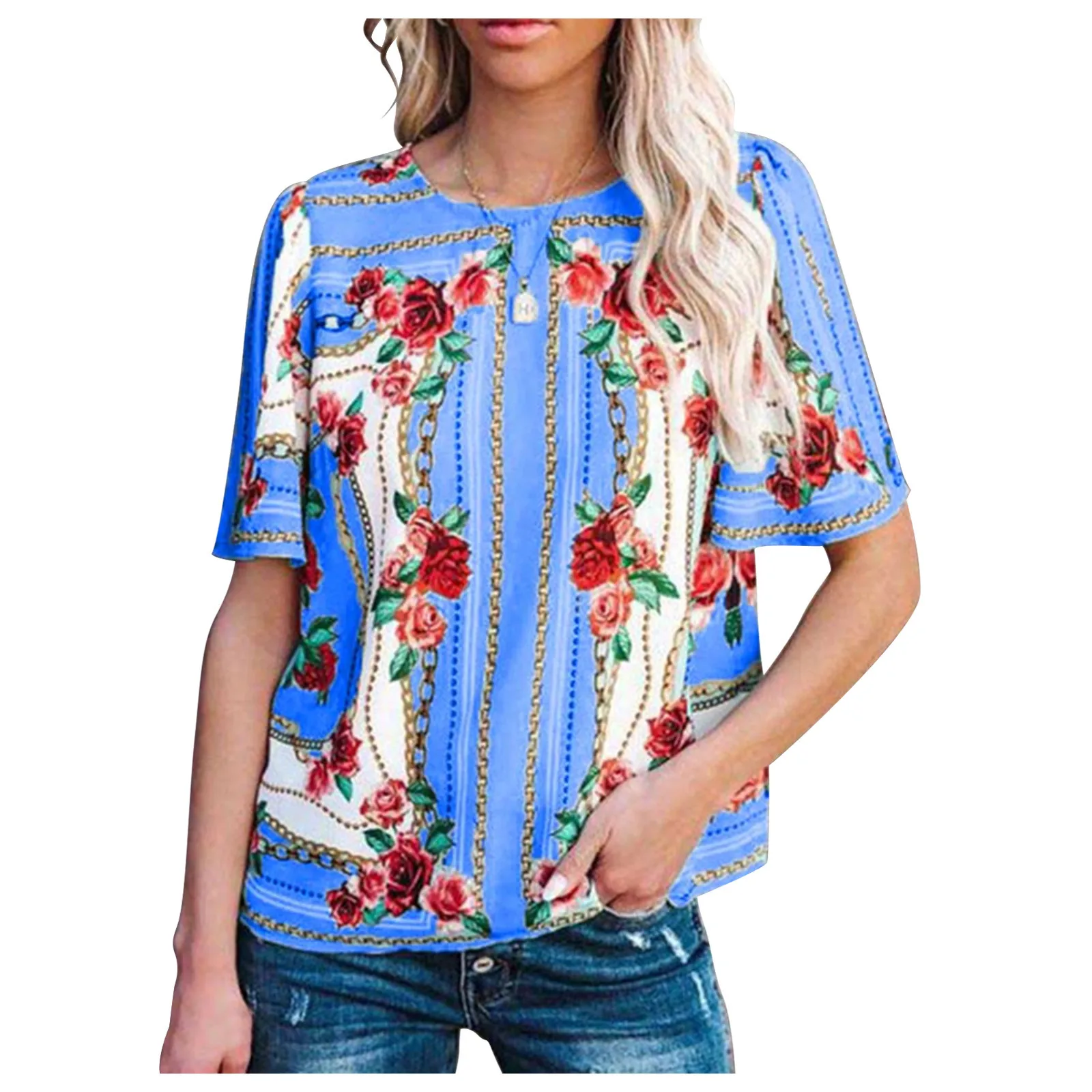 

Women's T-Shirt Vintage Short Sleeve Tops Fashion Flower Print O-Neck Loose T-shirt Plus Size Female Basis Shirt Women Clothing