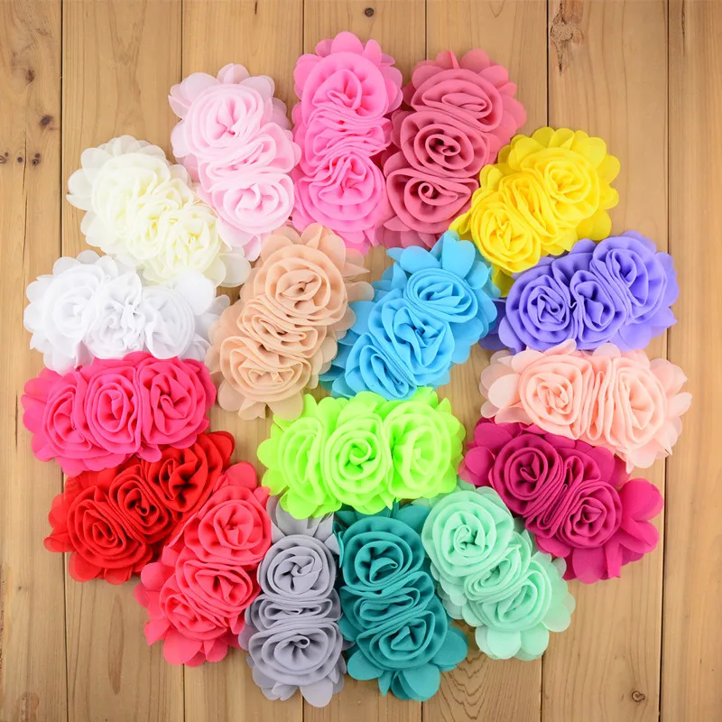 

20pcs/lot 3" Big Chiffon Fabric Flower With Triple Rosette For girls Headband Kids Hair Accessories Wedding Appliques 22 Colors