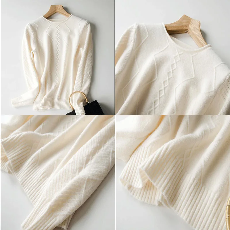 GCAROL New Women O Neck Curled Rhombic Sweater Fall Winter 30% Wool Cashmere Thick Jumper Stretch Warm OL Knitted Pullover S-3XL
