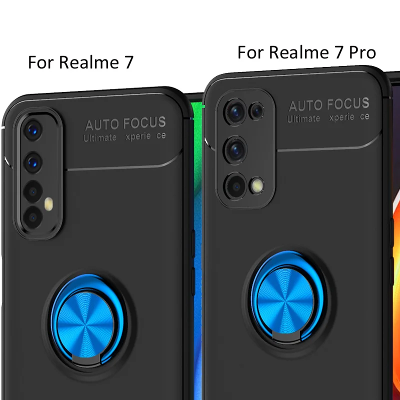 Автомобильный Магнитный чехол для Realme 7 Pro мягкий из ТПУ с кольцом держателем на