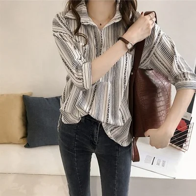 

han Ladies Chiffon Shirt Spring/Summer 2021 New Loose Base Shirt T-Shirt Striped Top