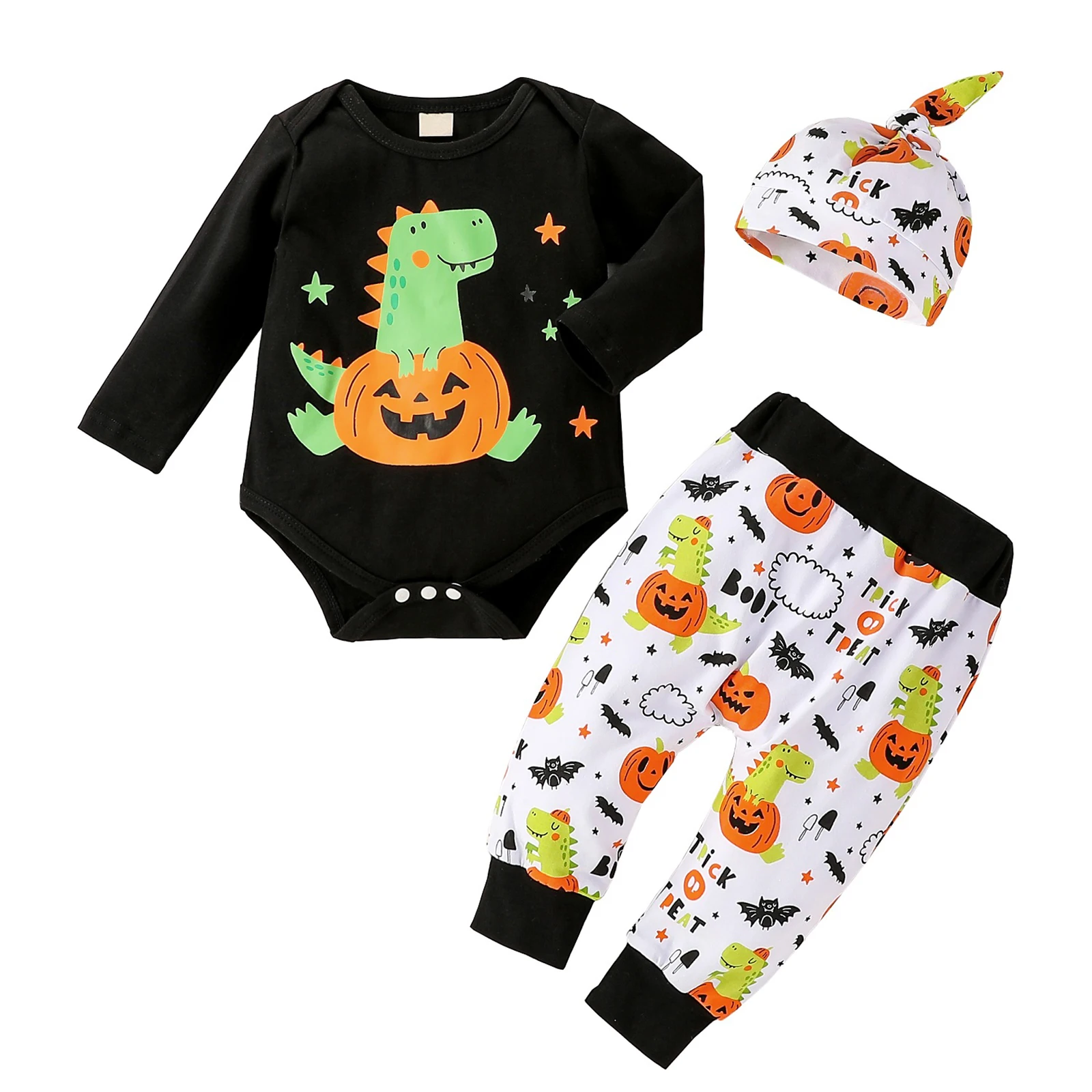 

3Pcs Halloween Baby Girls Boys Outfit Cartoon Dinosaur Long Sleeve Round Collar Romper + pumpkin Pants + Hats Set