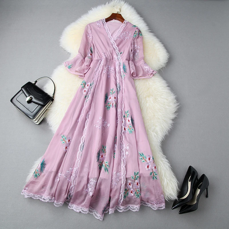 

Women's Runway Dresses Sexy V Neck Flare Sleeves Lace Embroidery Patchwork Floral Printed Fashion Mid Dresses