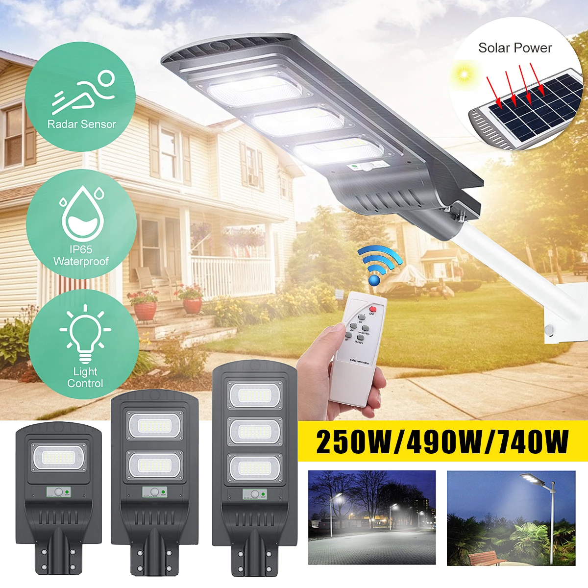 Smuxi 250 W/490 W/680 W светодиодный Серый IP65 Солнечный уличный светильник с радиолокационным датчиком движения, постоянно яркий индукционный солнечный датчик с дистанционным управлением
