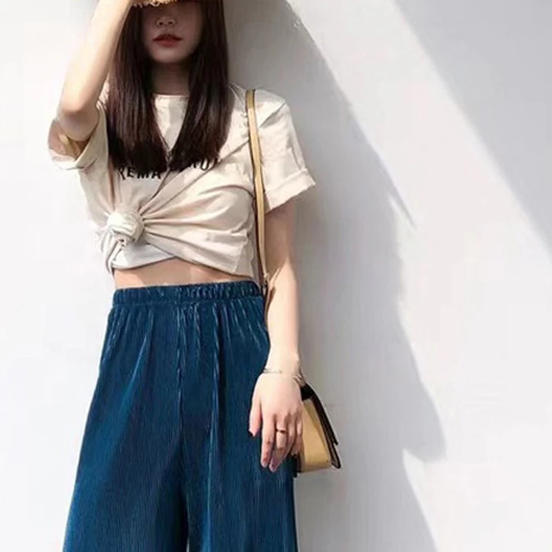 

GAOKE Summer Wide Leg Pants For Women Casual Elastic High Waist 2021 New Fashion Loose Long Pants Pleated Pant Trousers Femme