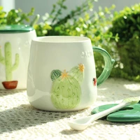 470ml cactus creative ceramic mug with lid and spoon mug household milk breakfast water cup can be microwave heated