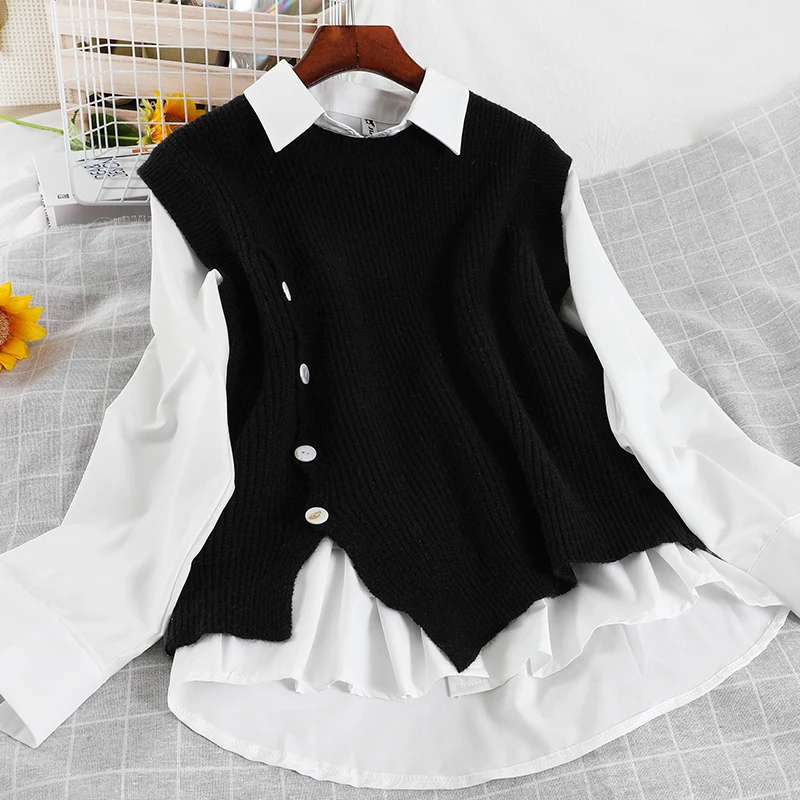 

V463 college age reduction wind lapel loose shirt qiu dong temperament of knitted vest coat two-piece women