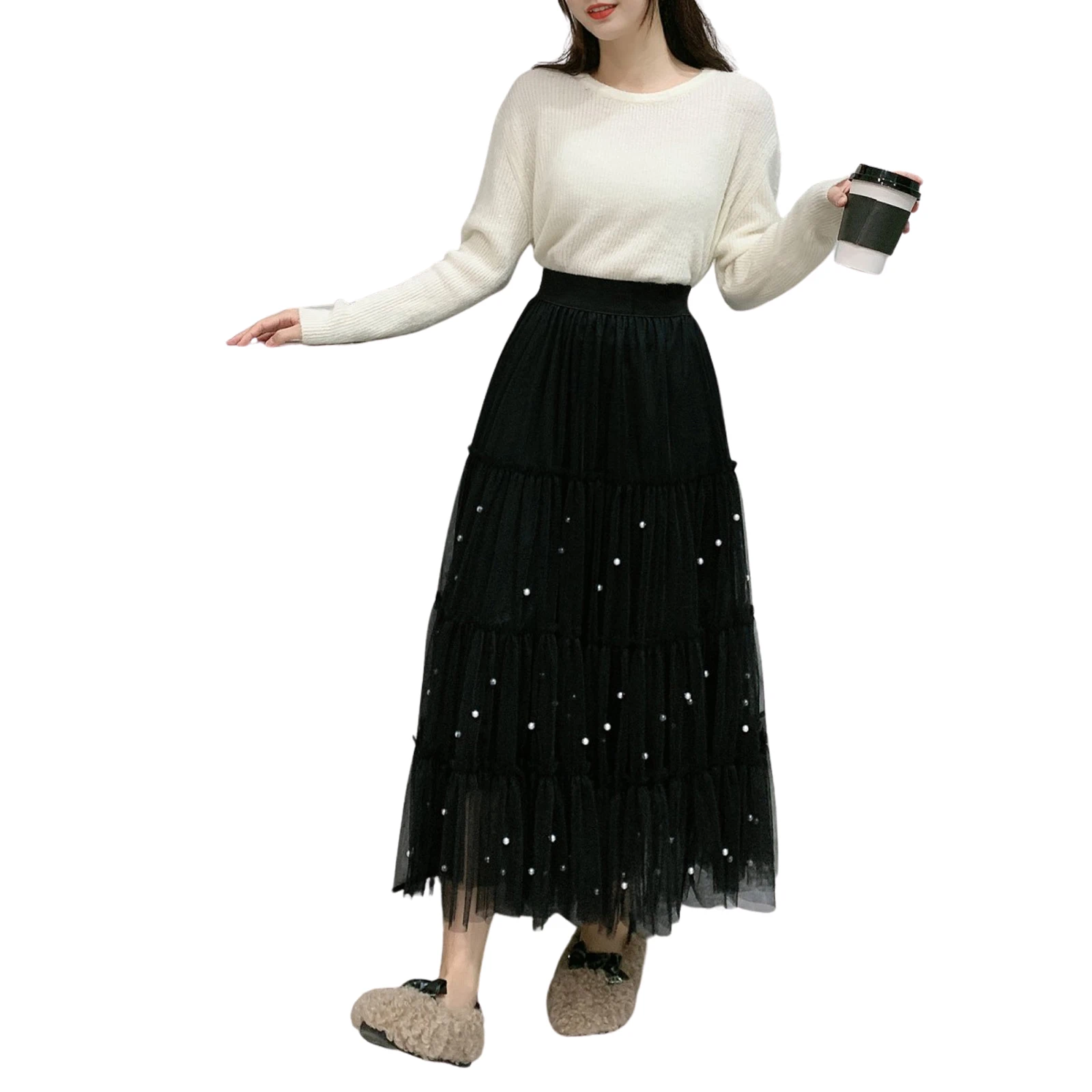 

Women Beaded A-line Skirt Autumn and Winter Girls Female Casual Style Patchwork Mesh Skirt for Street Travel Shopping