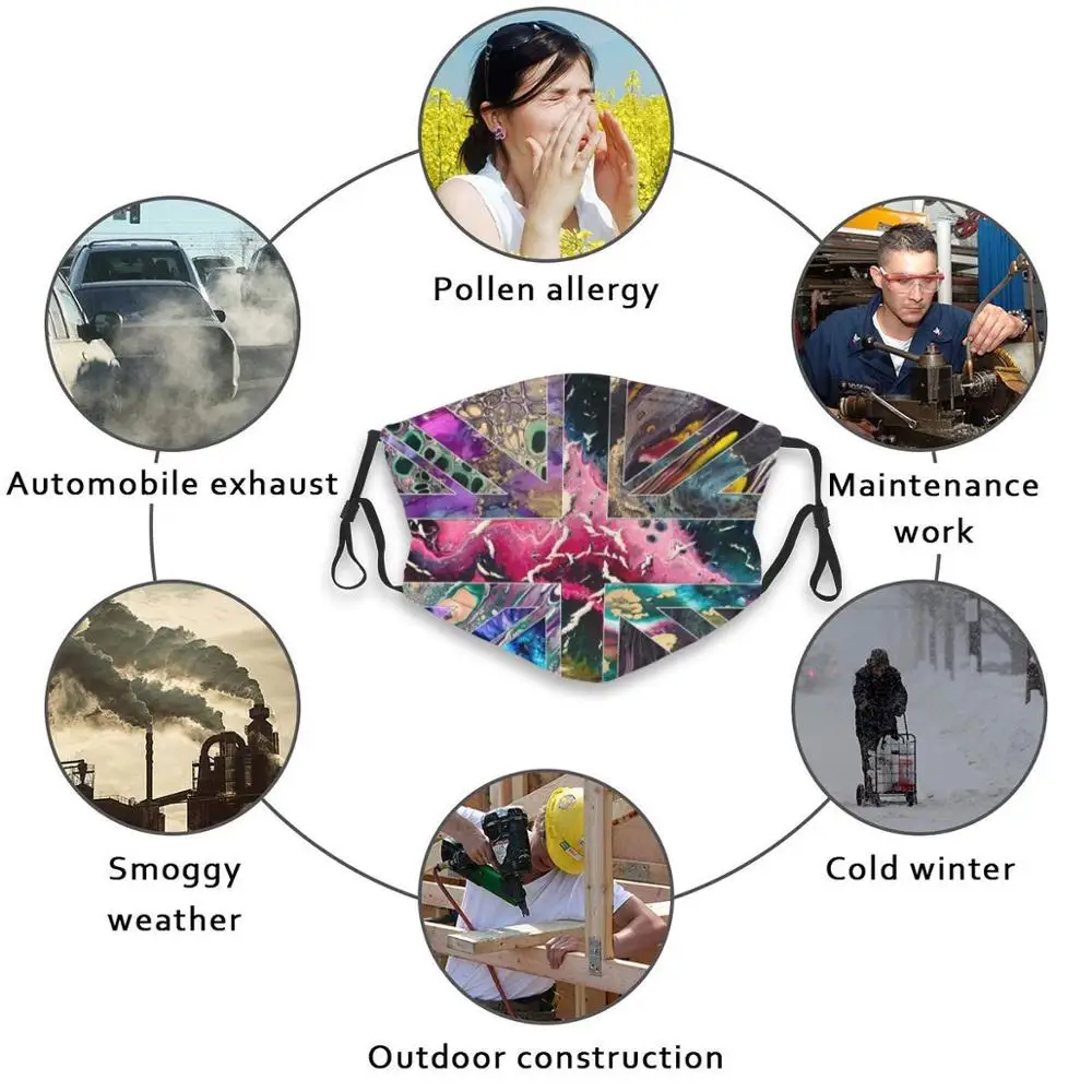 

Union Jack - Fluid Art Collage Dustproof Non - Disposable Mouth Face Mask Pm2.5 Filters For Child Adult Union Jack Ve Day