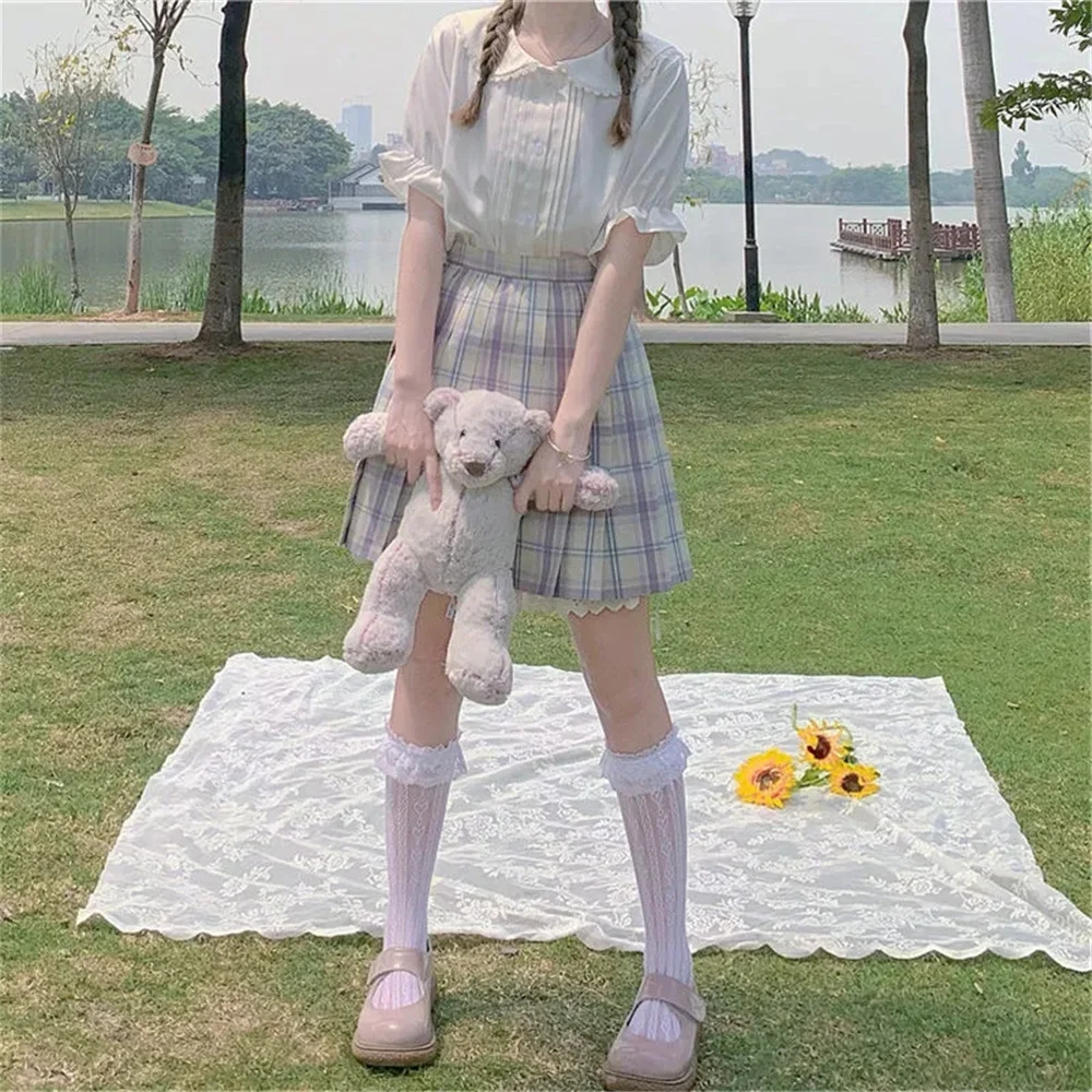 

Cute Bunny Ears Doll Collar Lolita Inside Shirt Puff Short Sleeve Summer Japanese Preppy Style White Tops Kawaii Sweet Clothing