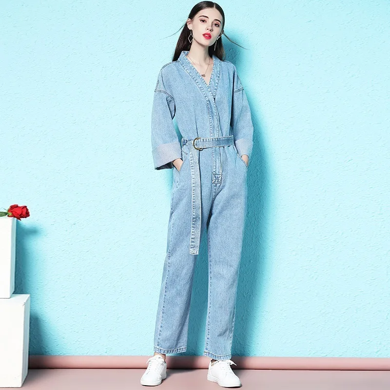 Spring and Autumn women's fashion jumpsuit with sashes casual denim jumpsuit female high waist straight pants jumpsuit nw18c2936