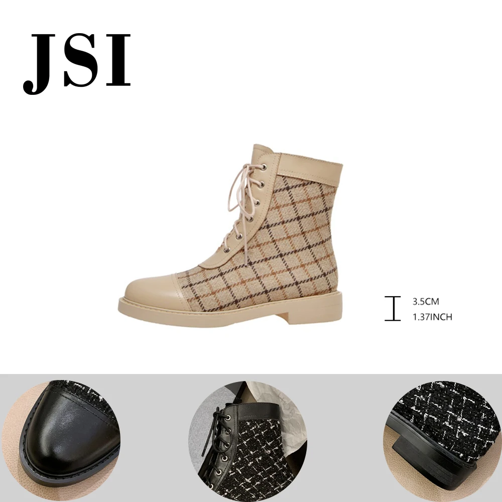 

JSI Mid-calf Low square Heel Boots Genuine Martin Woman Winter Round Toe Boots Ladies Cross-tied Patchwork Plaid Boots JO627