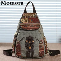 motaora handmade backpack womens vintage canvas backpacks national style geometrical printed bag female simple travel backpack