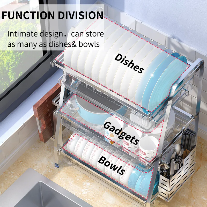 Кухонная сушилка для посуды 3 уровня нержавеющая сталь 304|Полки и держатели| |