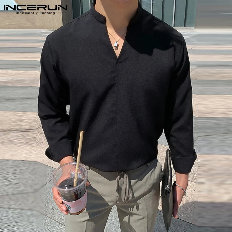 INCERUN Solid Color Men Shirt Brand V Neck Long Sleeve Streetwear Casual Tops Loose 2023 Fashion Leisure Camisa Masculina S-3XL