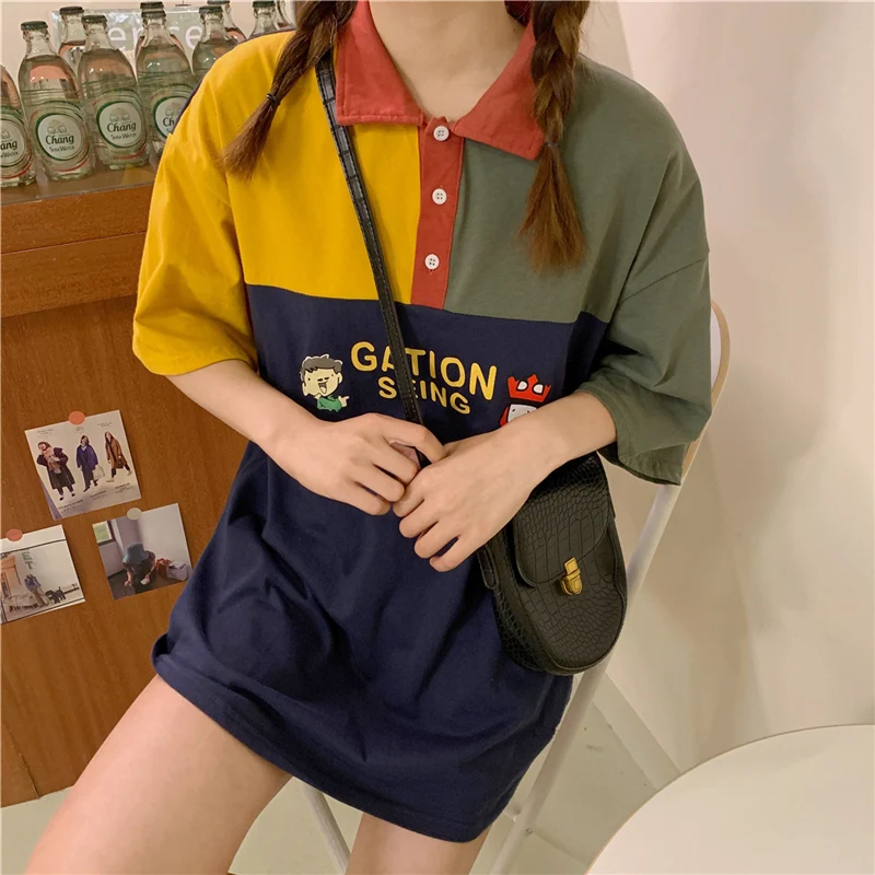 

Women New Summer Harajuku T-shirts Preppy Style Turn-down Collar Patchwork Hit Colors Chic Loose Tshirt Casual Temperament Tees