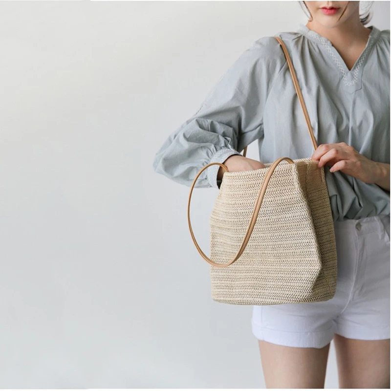 

2021 Hot Sale Capacity Straw Bags Women Handmade Woven Basket Summer Lady Handbags