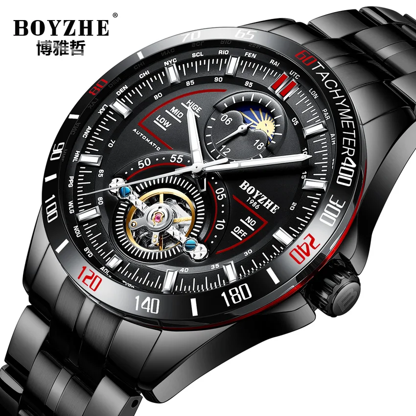 

BOYZHE Mens Automatic Mechanical Watches Sports Fashion Top Brand Tourbillon Stainless Steel Moon Phase Watch Relogio Masculino