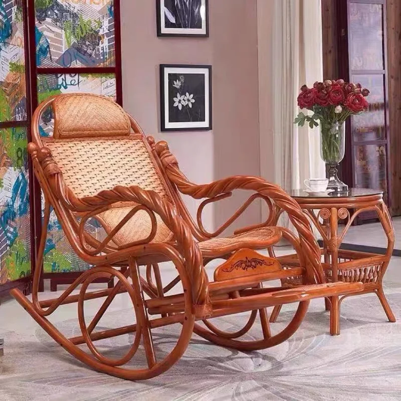 

Luxury Rocking Chair With Cushions Rattan Wicker Furniture Indoor Living Room Glider Recliner Modern Rattan Easy Chair