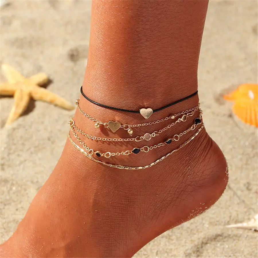 

5 Pieces of Women's Anklets, Fashion Simple Love Heart Black Rope Summer Beach Simple Trendy Jewelry Accessories Gifts for Women