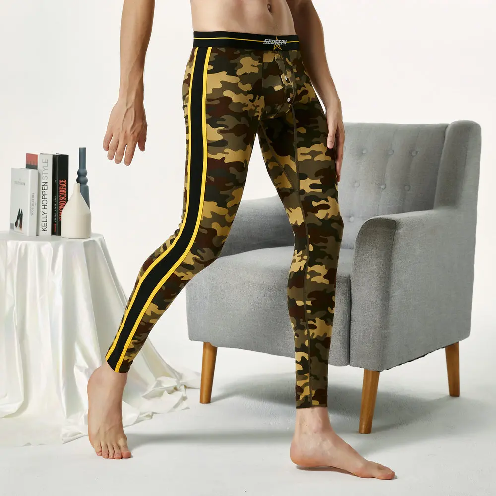 NEW BRAND SEOBEAN Autumn and winter Men's sexy Camouflage Side stripes cotton Long johns Low Rise Thermal Underpants Leggings