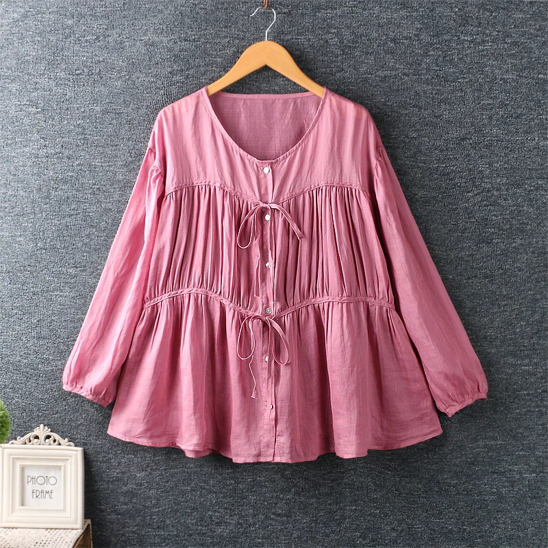 

2020 New Autumn Women Blouse Japan Style Mori Girl Loose Tops Ramie O-Neck Long Sleeve Big Size Shirts Women