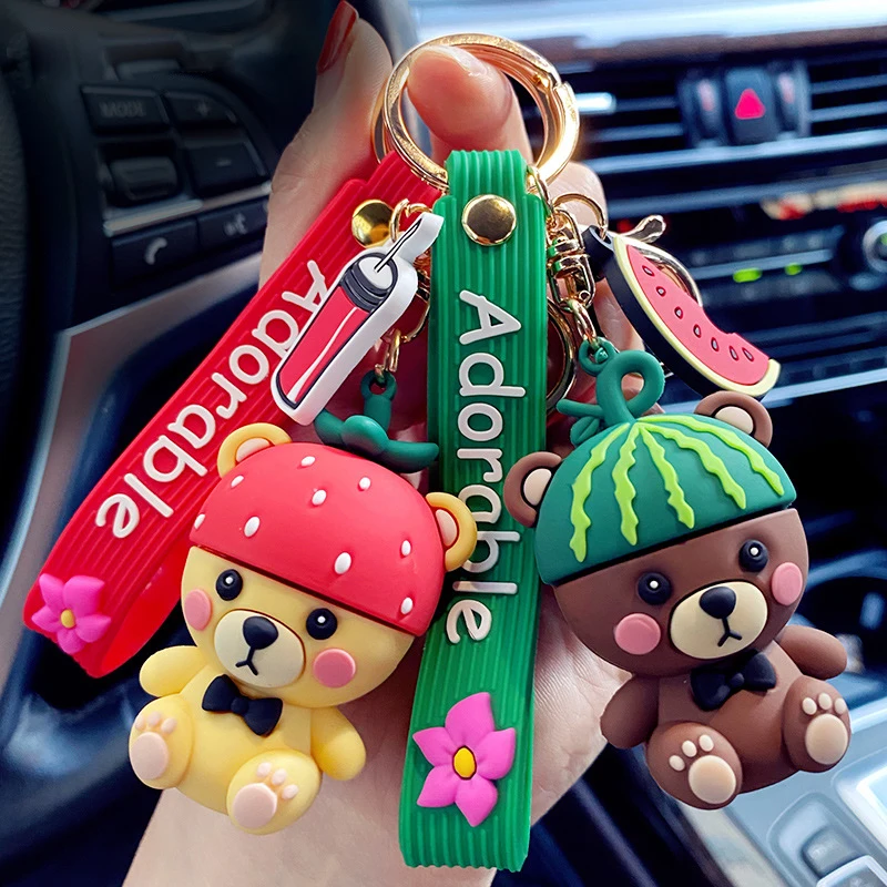 Милый брелок для ключей с клубникой арбузом фруктом мультяшным медведем женщин и