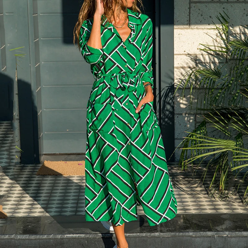 

S-5XL 5Colors Stripe Turn Down Collar Long Sleeve Shirt Dress Elegant Women Party Office Daily Travel Skirt