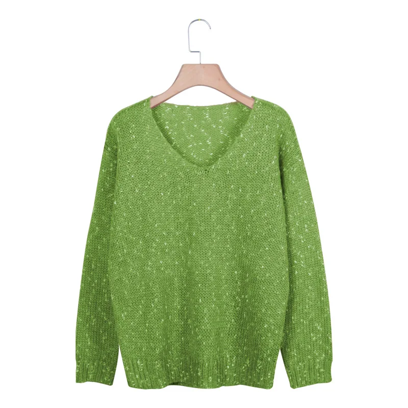 Green AQOIA, корейский стиль, люрекс, сексуальный женский свитер размера плюс, v-образный вырез, вязаный женский свитер, пуловер,, осенняя, зимняя одежда - Цвет: Green