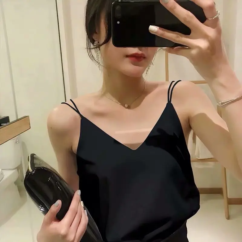 Korean Chiffon Tops Women V-neck Backless Tank Sexy Vest Black Crop Top Plus Size Woman Sleeveless Halter Camis | Женская одежда