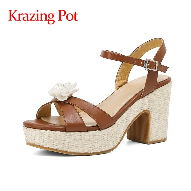 

Krazing pot genuine leather round toe metal fasteners flower waterproof high heels fashion ankle straps mules sandals women L4f1