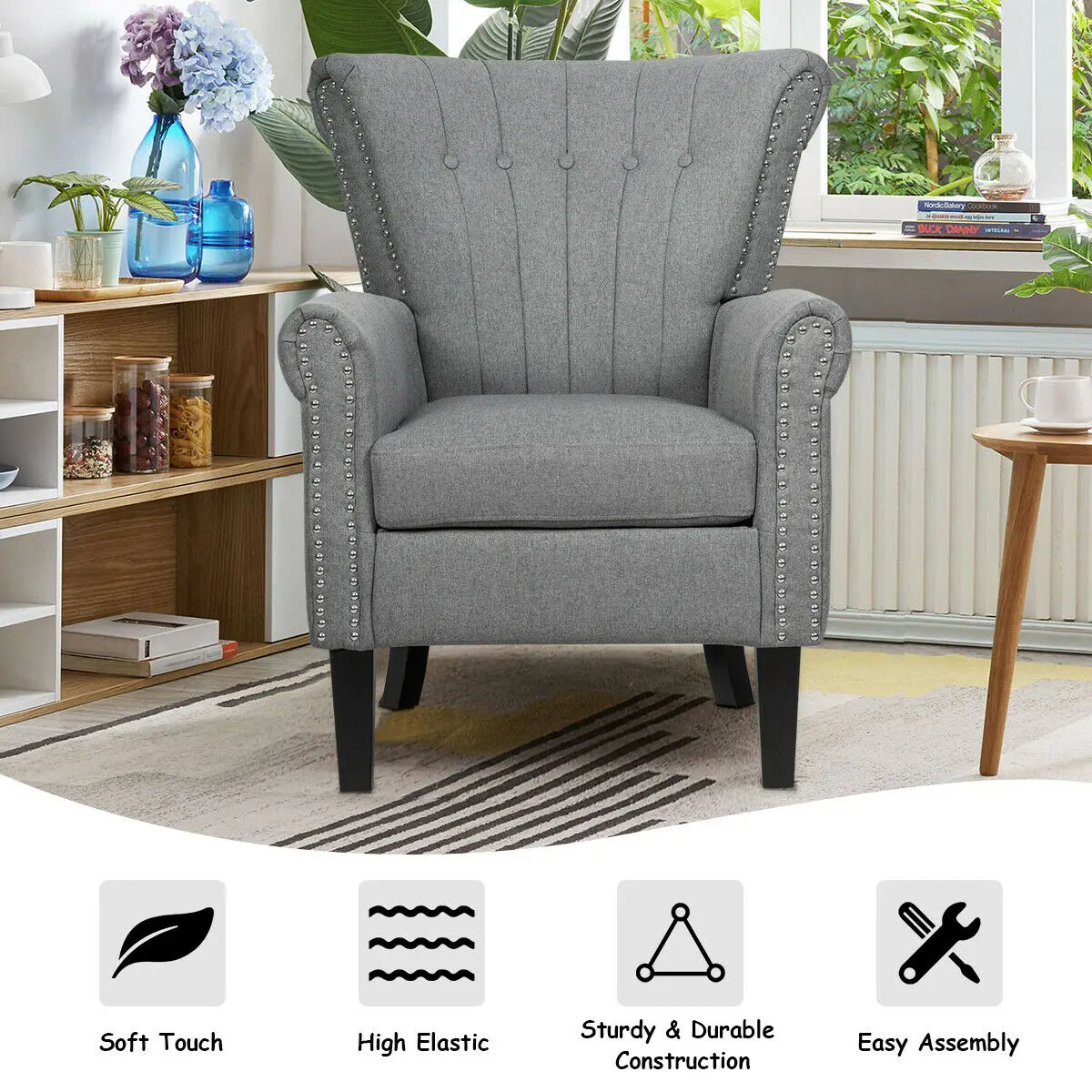 

Set of 2 Fabric Accent Arm Chair Tufted Upholstered Single Sofa Club Chair Grey