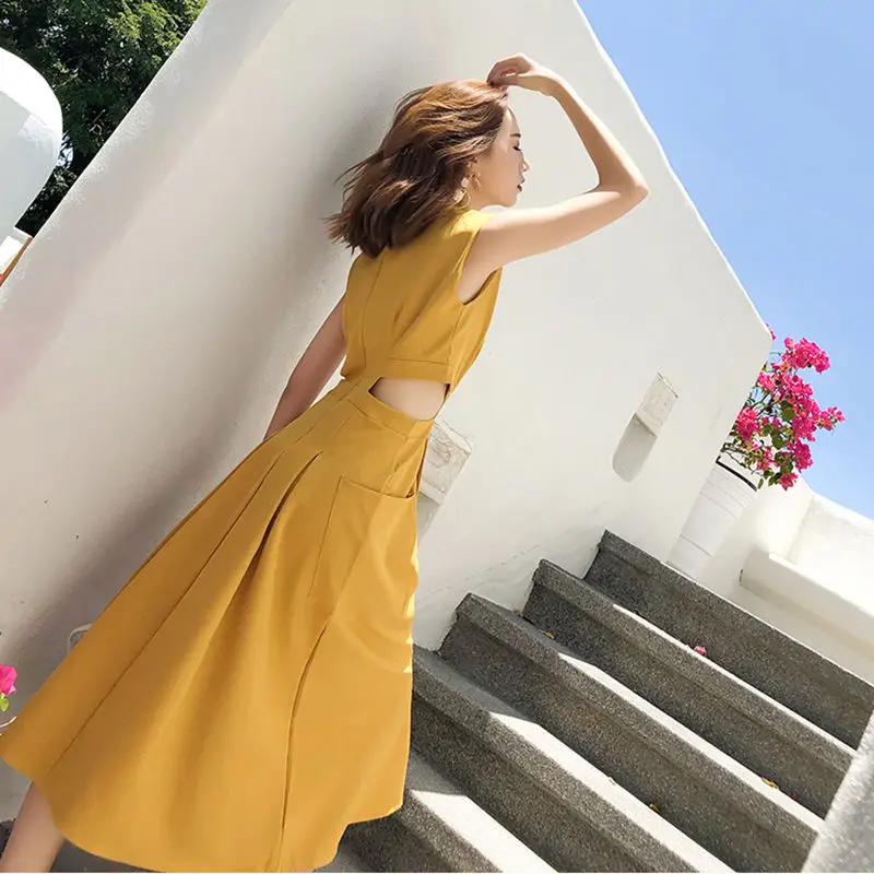 

Sexy Dress Women Summer V-neck Sleeveless Desses French Chic Cross Drawstring Slim Waist High Waist Girl Skirt Yellwo Black