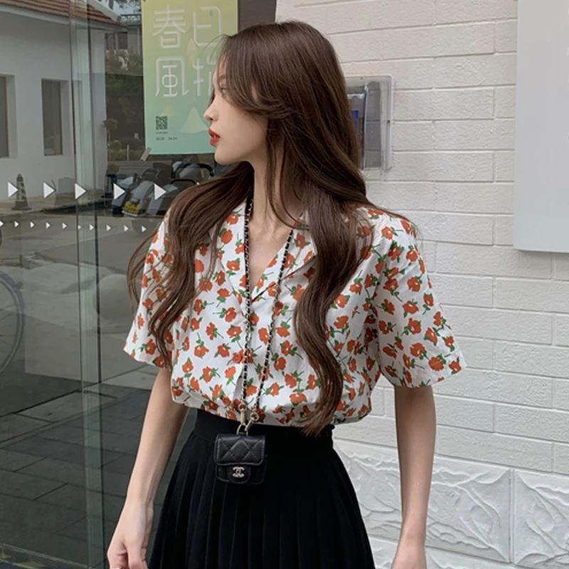 

ZAWAHIKI Korean Vintage Fashion Women's Shirt Summer 2021 Notched Single Breasted Short Sleeve Print Flower Tops Loose Blouse