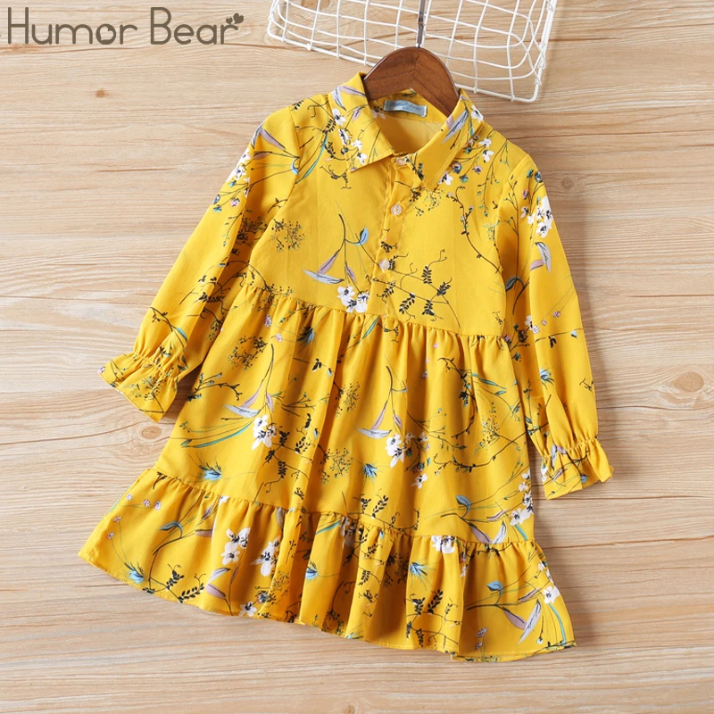 Humor Bear/платье для девочек; Новинка г.; осенняя одежда для девочек в духе колледжа; детское платье с длинными рукавами и отворотами в клетку - Цвет: BZ011K yellow