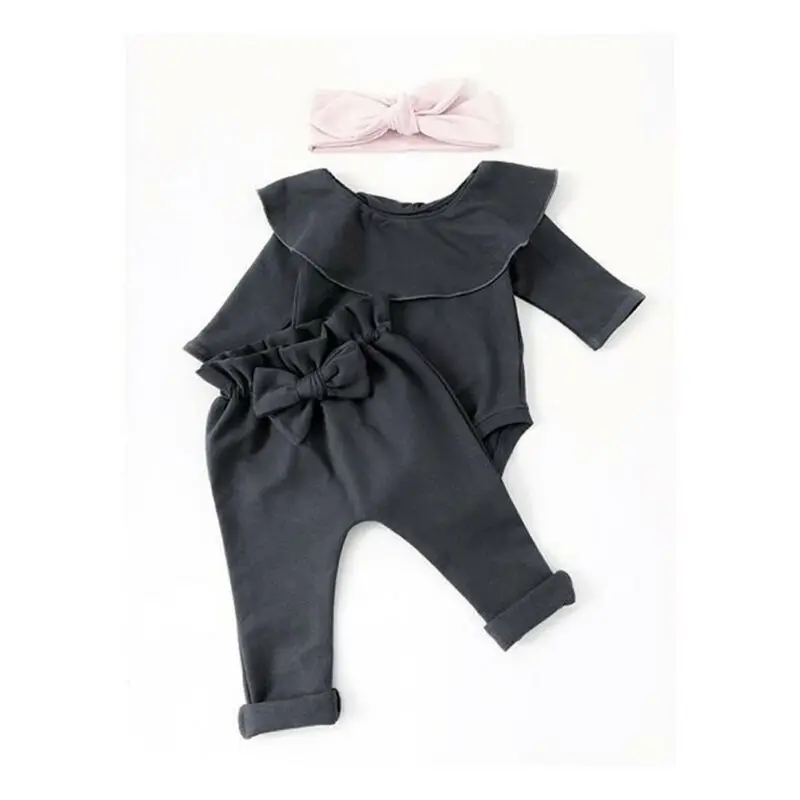 2Pcs Toddler Kids Baby Girl Ruffle Bodysuit Romper Top Solid Bowknot Pants Trousers Autumn Cotton Long Sleeve Outfit Clothes Set