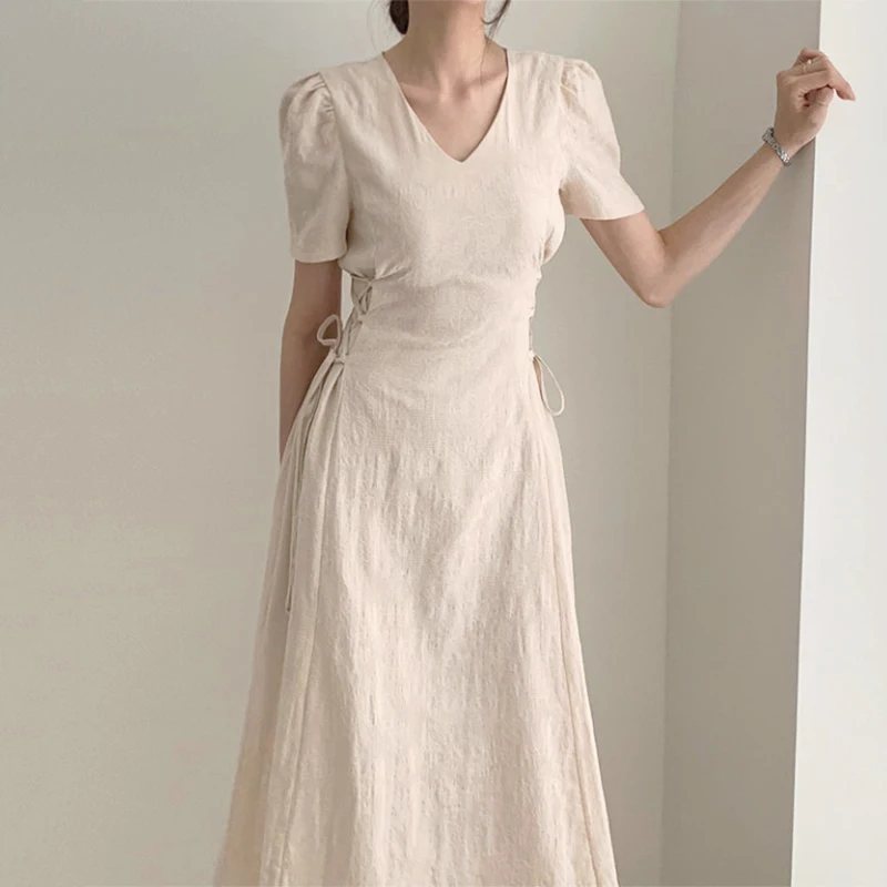 

Korean Style Temperament Dresses Solid V-neck Short Puff Sleeve Bandage Vestidos 2021 Summer Elegant Fashion Dress Office wear