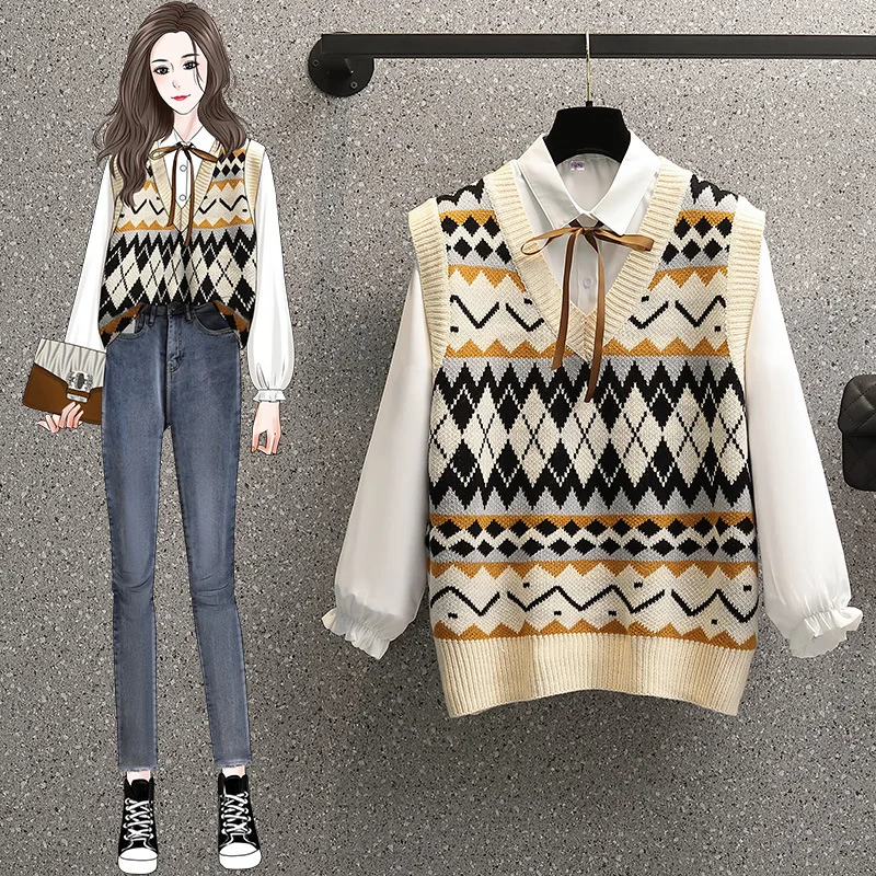 

Plus Size Women's Fashion Diamond Knitted Sweater Vest Long Sleeve Solid Color Tie Shirt Two-piece Suit Clothes for Women