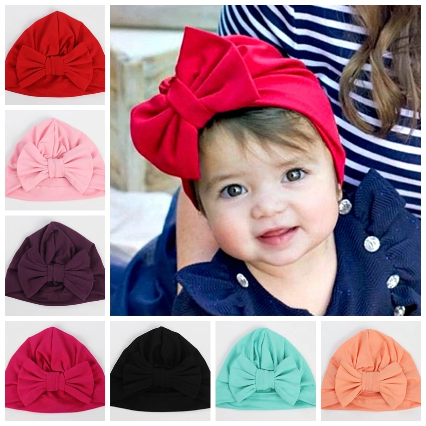 Cute Cotton Blend Hair Bow Knot Kids Baby Infant Turban Hat Big Ear Knot Toddler Beanie Caps Headwraps Birthday Gift Photo Props pompom trimmed knot baby headband for girl rabbit ear hairbands turban kids turbans accessoires wide nylon headwraps photo props