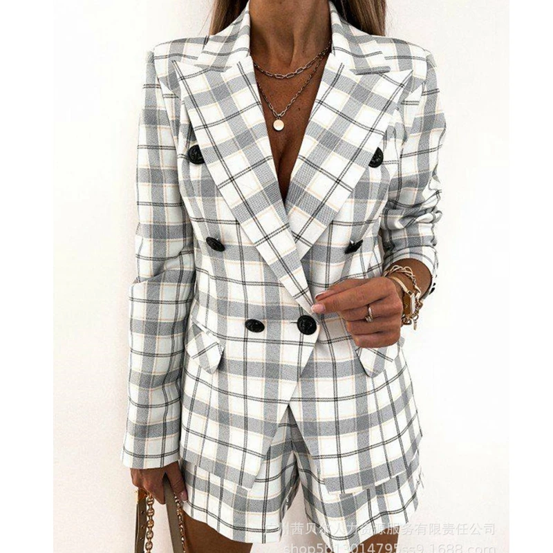 

Wepbel Autumn Fashion Double Breasted Suit Jackets Plaid Lapel Blazers Coats Women Long Sleeve Slim Fits Jackets Coats