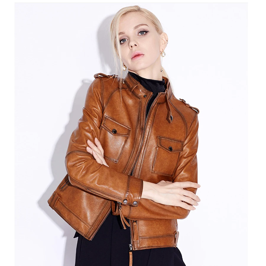 JAZZEVAR 2023 New High Fashion Street Women Real Sheep Skin Leather Jacket Oil wax color Genuine Leather short Motorcycle Jacket