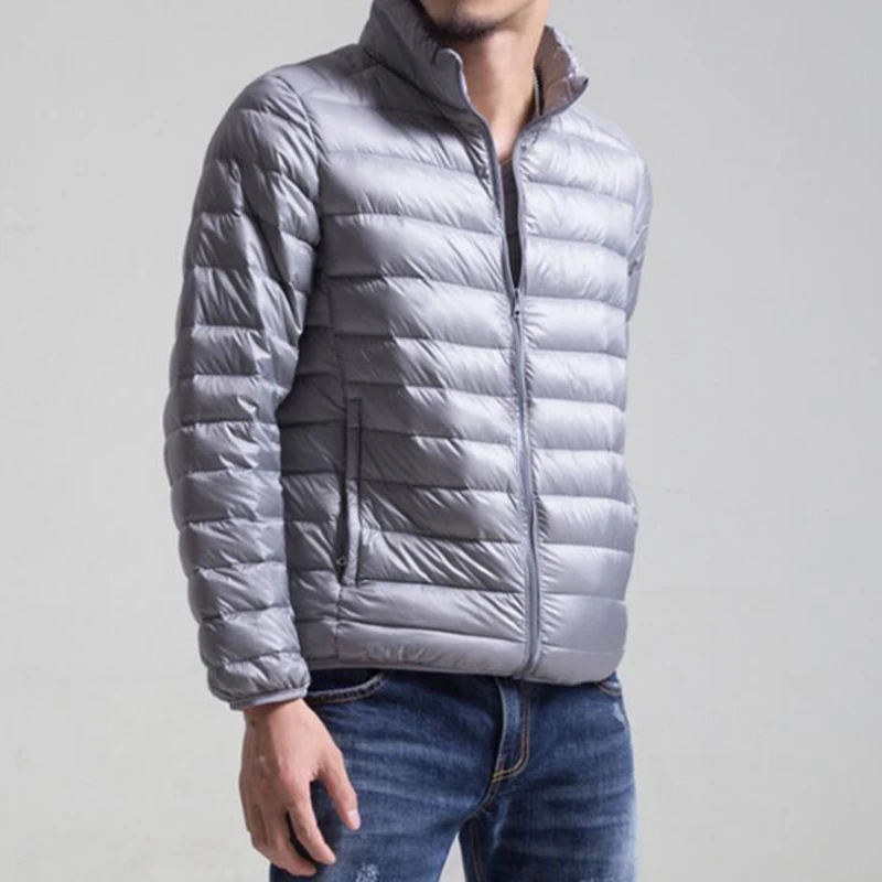 

Men Down Jacket VogueSpring Autumn Winter Stand Collar Fashion Warm Coat Mens Ultra Light Thin White Duck Down Jackets 5XL