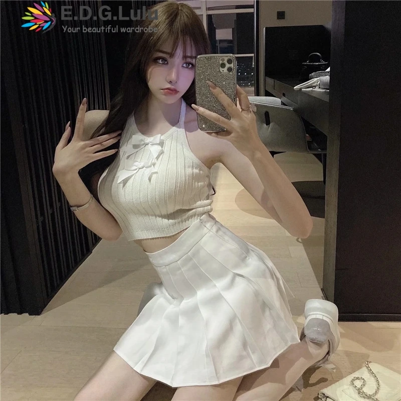 

EDGLuLu Two Piece Set Women Crop Top And Skirt O-neck Bow Sleeveless Knitted Top And High Waist White Pleated Skirt Suit 0403