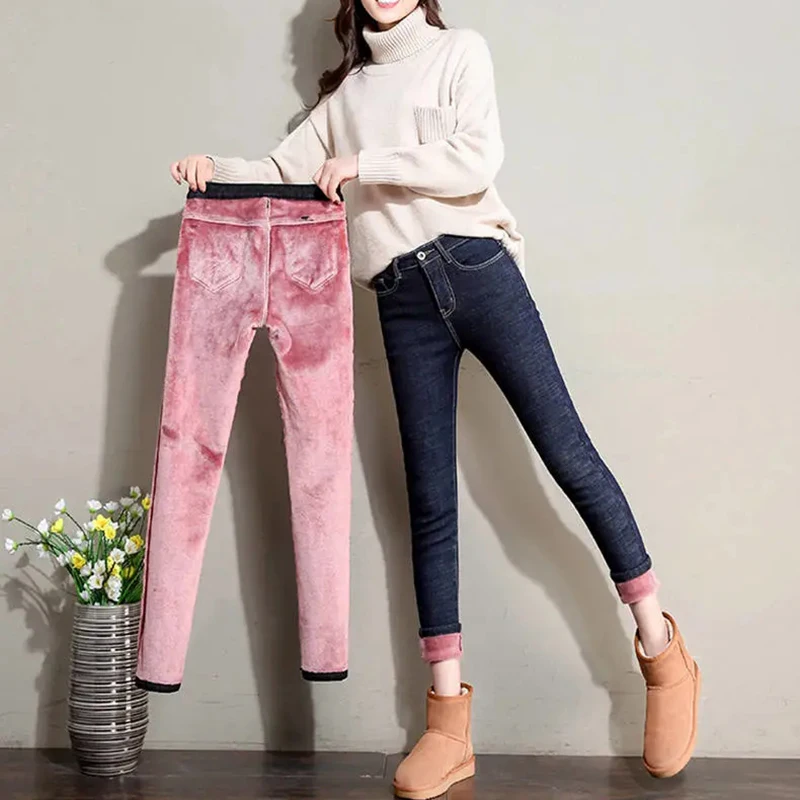 

High Waist Velvet Thick Warm Vintag Jeans Slim Stretch Womens Warm Jeans High Quality Plus Velvet Thickening Skinny Jeans Winter