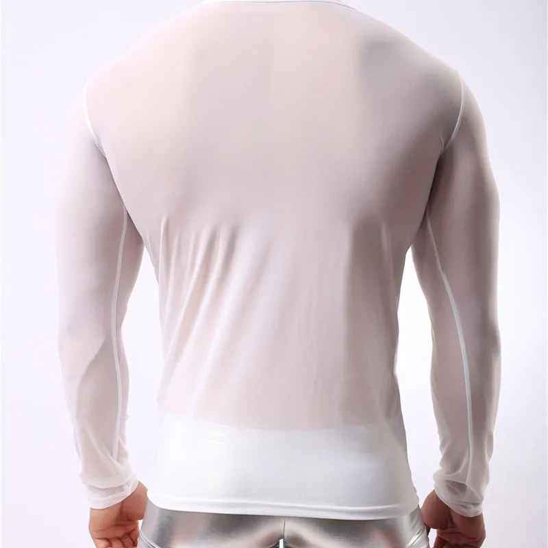 Mens Undershirts Mesh Underwear T-shirts Transparent Male Long Sleeve T-thirts Tops Slim Fitness Gym Bodybuilding Homewear